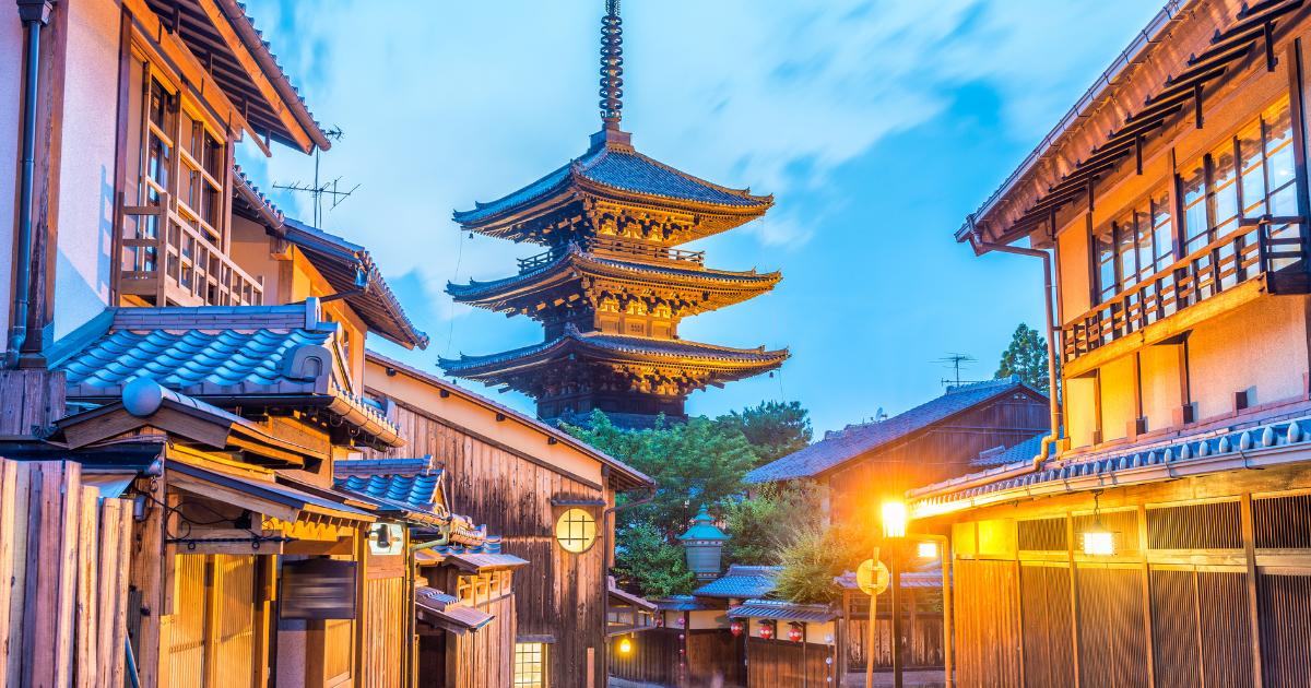 A picturesque view of Kyoto, Japan, showcasing traditional temples, vibrant autumn foliage, and scenic landscapes, perfect for Instagram travel.