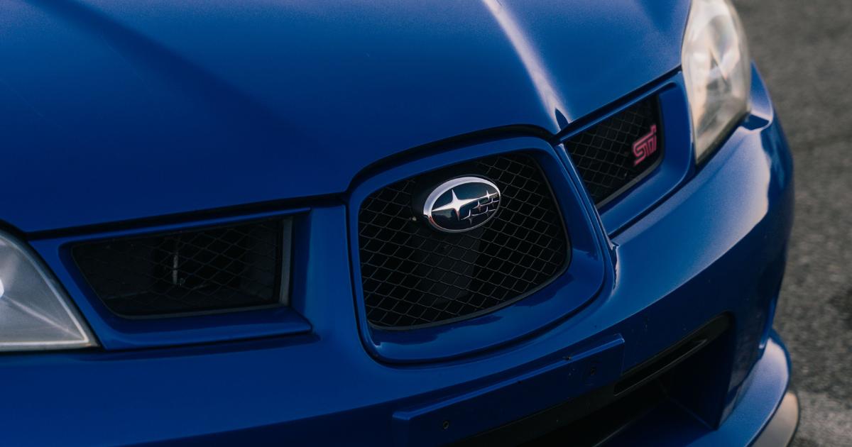 Close-up view of a Subaru WRX STI new cars, highlighting its sporty design and distinctive features.